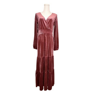 Knox Rose Pink Mauve Velour Faux Wrap Tiered Smocked Waist Maxi Dress Medium